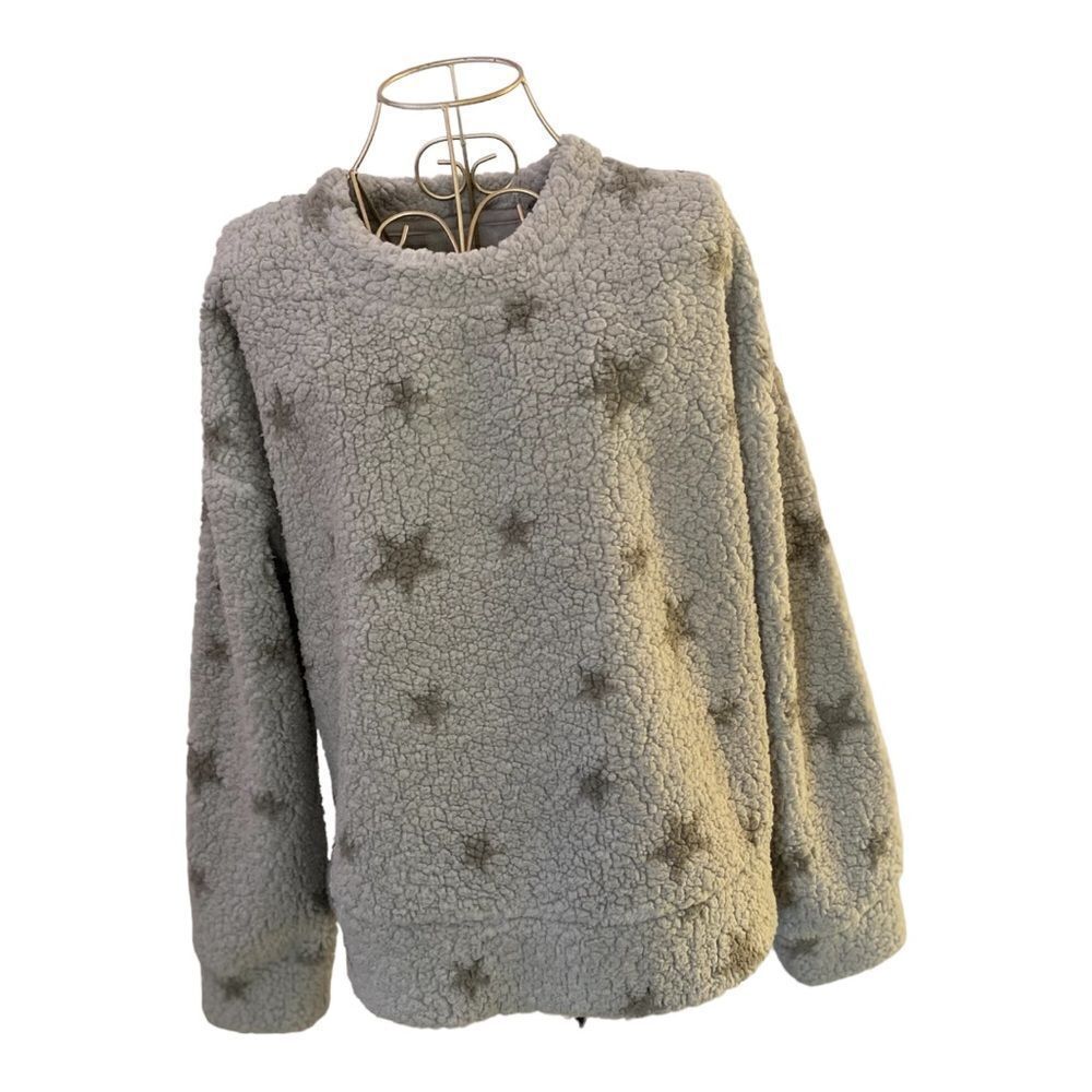 NWT Thread & Supply Grey Star Print Wubby Crewneck Sweater Medium Sherpa